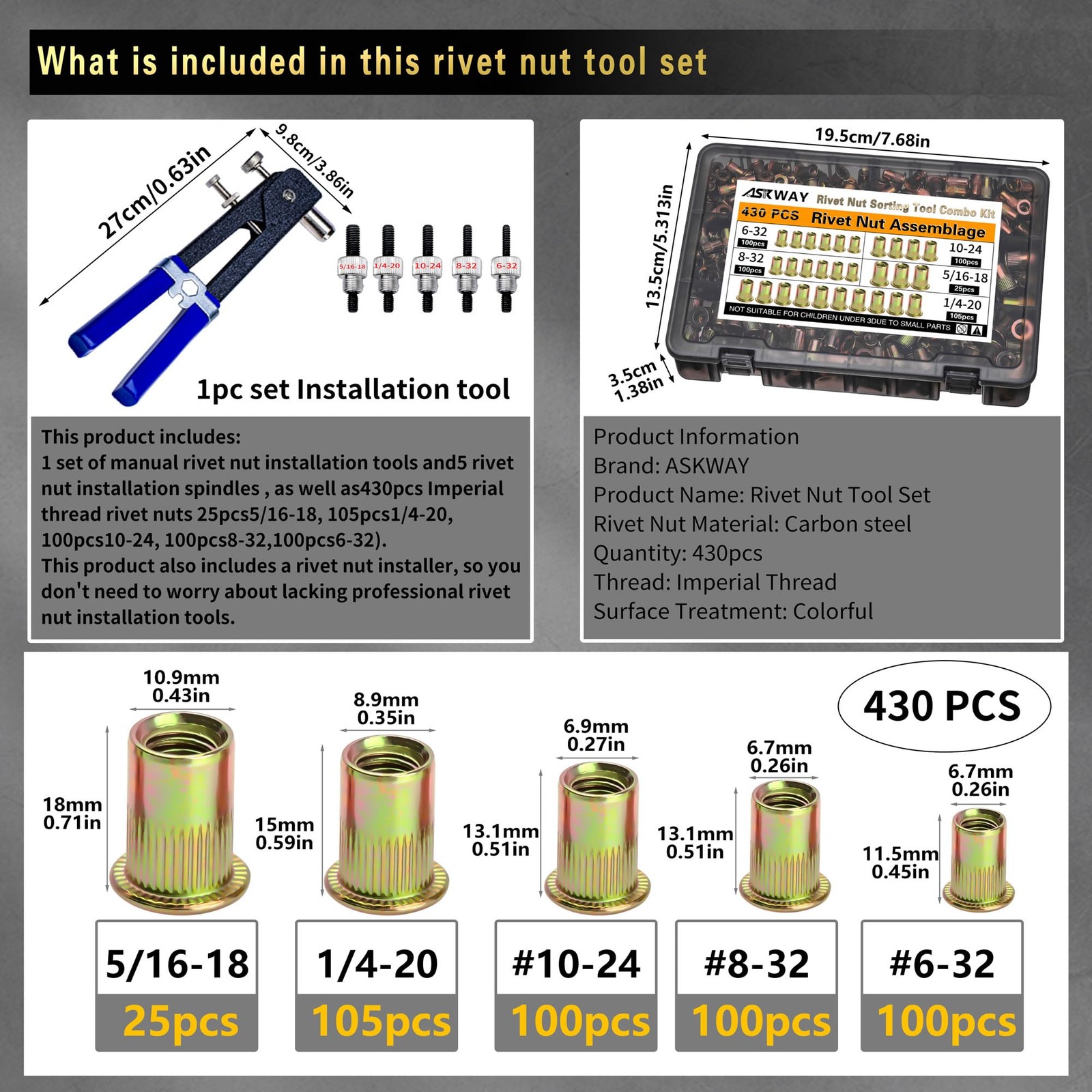 Rivet Nut Tool Kit 430pcs SAE Sizes for Automotive, Marine, Industrial Use - Image 2