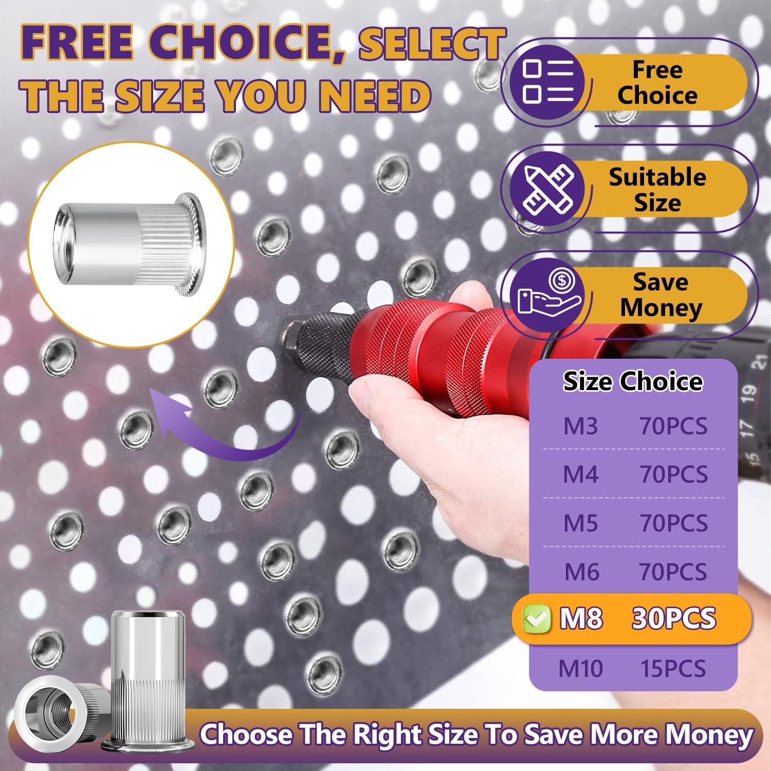 M8 Rivet Nuts 30PCS Stainless Steel Flat Head Inserts for Automotive Furniture - Image 5