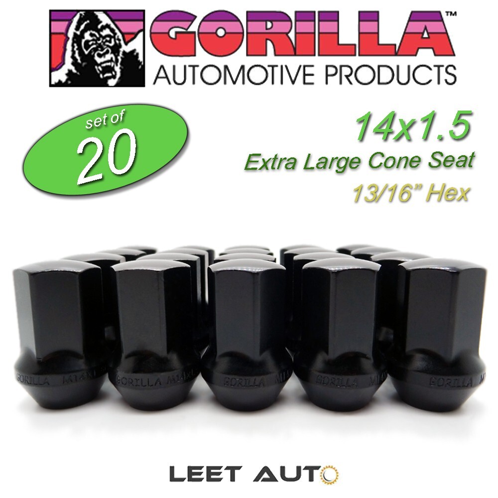 (20) Gorilla Lug Nuts, Factory Style Bulge, 14mm x 1.50, Black, 14x1.5 61148FSBC