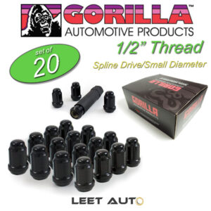 (20) Gorilla Small Diameter Lug Nuts, 1/2" Thread, Black, Spline, K5CS-00012BGR