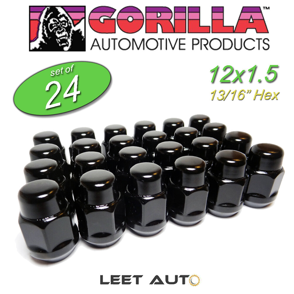 (24pc.) Gorilla Lug Nuts, 12mm x 1.50, Black, 12x1.5, Bulge Acorn, 91138BC