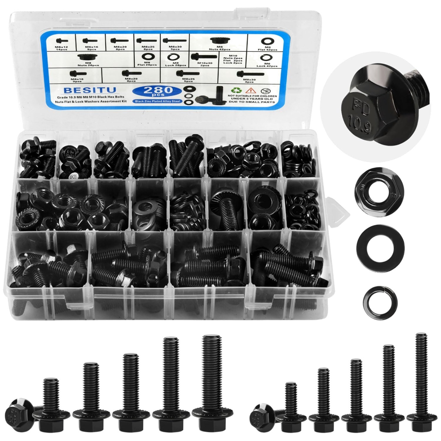 Comprehensive Automotive Bolts Kit - 280Pcs M6, M8, M10 Black Galvanized Set