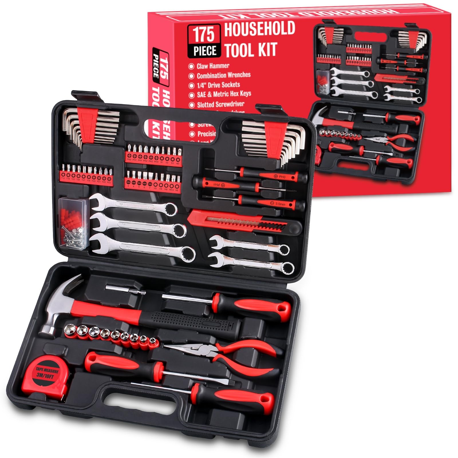 175-Piece Multi-Purpose Automotive and Household Tool Kit in Toolbox Storage ...