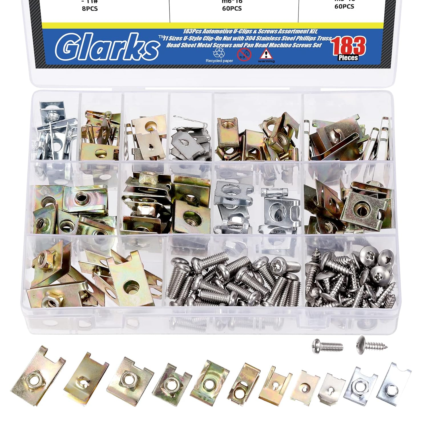 183Pcs 11 Sizes Automotive U-Clips & Screws Assortment Kit, U-Style Clip-On Nuts