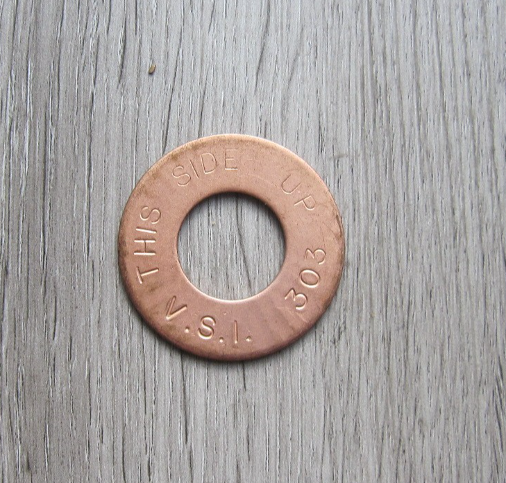 large Copper Brass Coated Washer 1-1/2" O.D. 5/8" I.D. old automotive 1/16" wide
