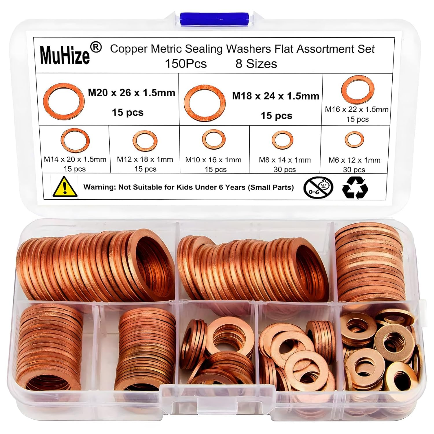 150PCS Copper Washers Kit 8 Sizes Metric Sealing Flats for Automotive Fuel Line, - Image 2