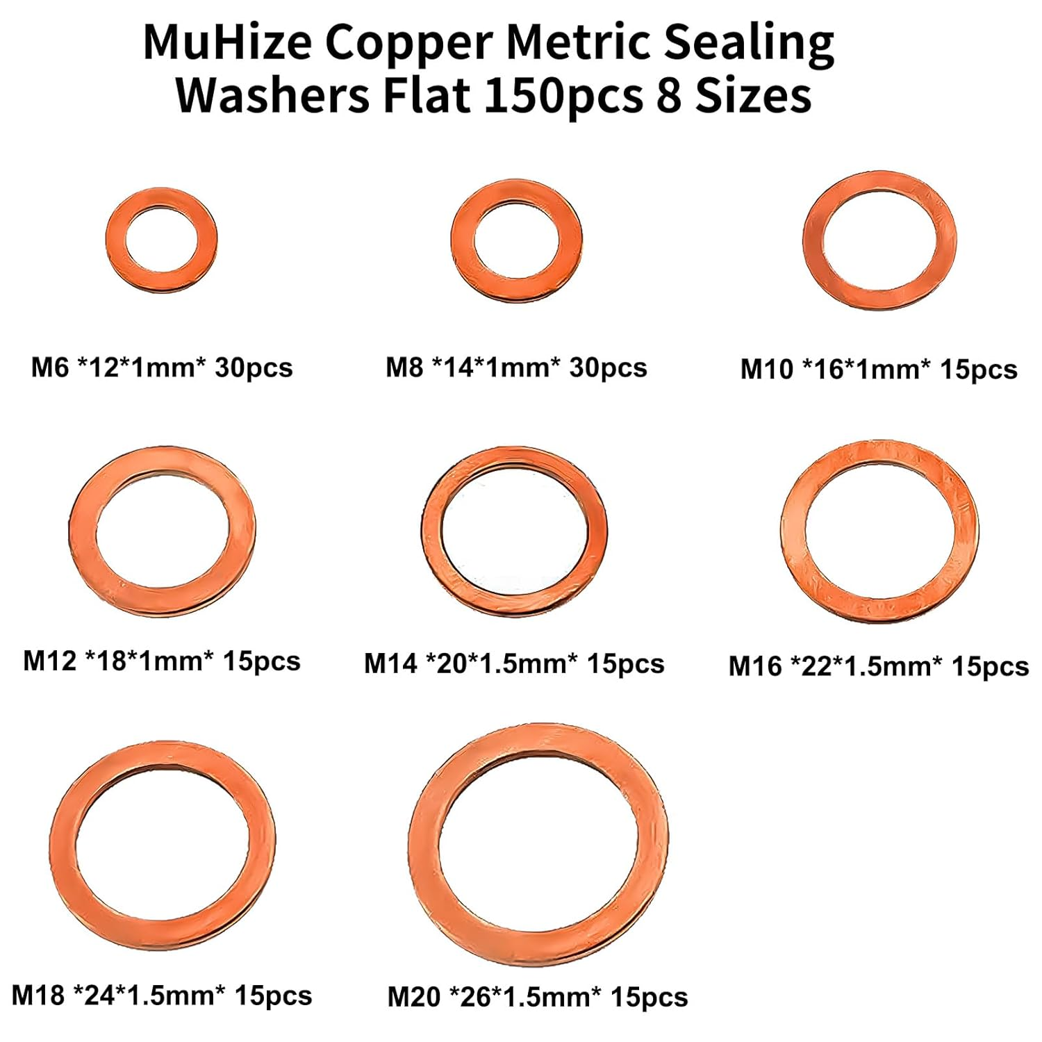 150PCS Copper Washers Kit 8 Sizes Metric Sealing Flats for Automotive Fuel Line, - Image 3