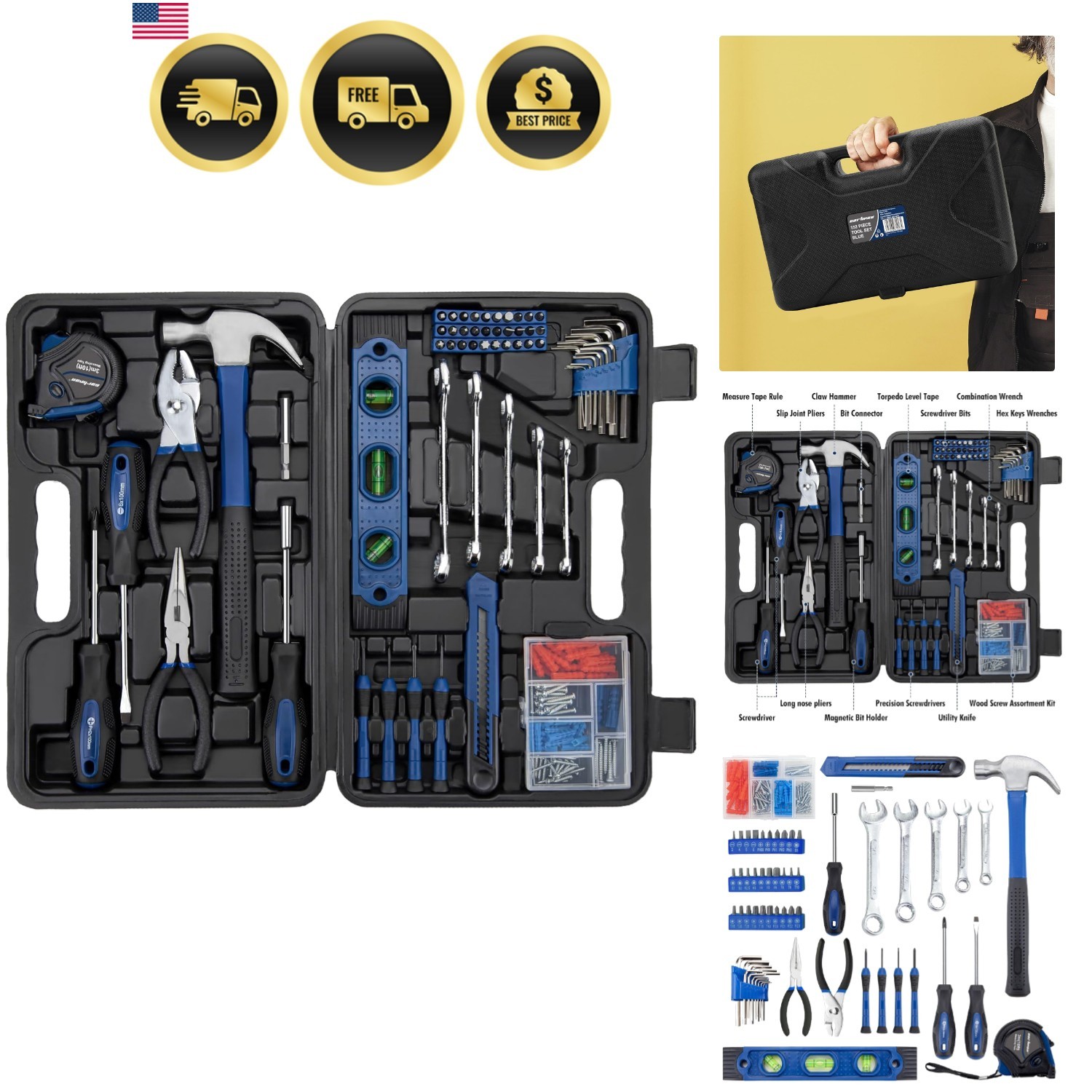 Hand Tool Set with Storage Case Automotive Wrench Screwdriver Pliers Blue