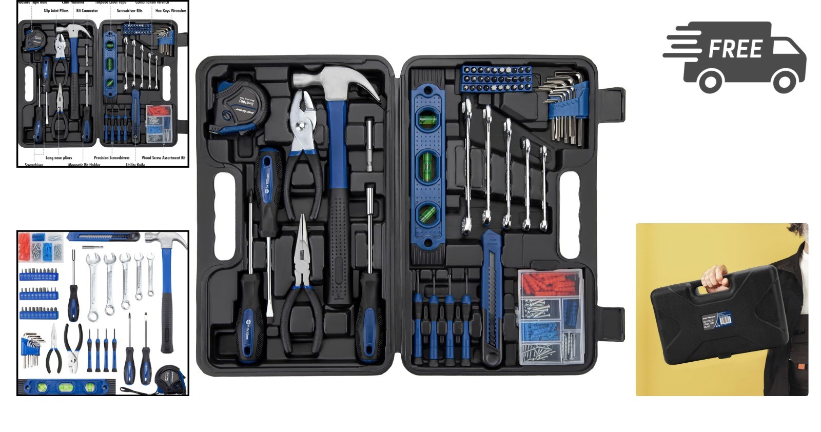 Hand Tool Set with Storage Case Automotive Wrench Screwdriver Pliers Blue - Image 2