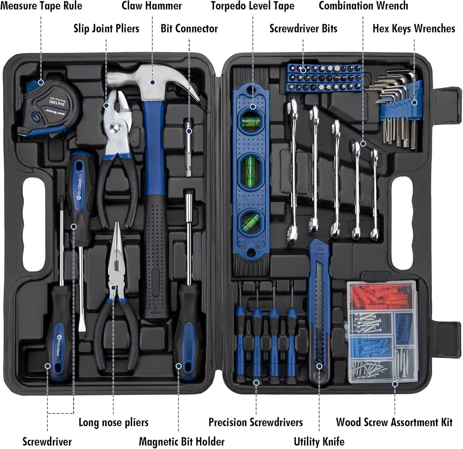 Hand Tool Set with Storage Case Automotive Wrench Screwdriver Pliers Blue - Image 5