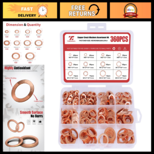 360 Pcs Copper Washers Assortment - 10 Sizes for Automotive, Plumbing, Fuel, Hig