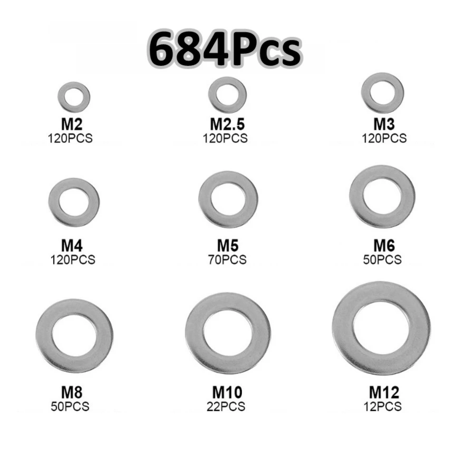 684 Pcs Metric Stainless Flat Washers Assortment M2–M12 Automotive Hardware - Image 2