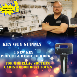 932 Mobella key. Pre cut for Southco and Mobella boat locks. Licensed Locksmith.