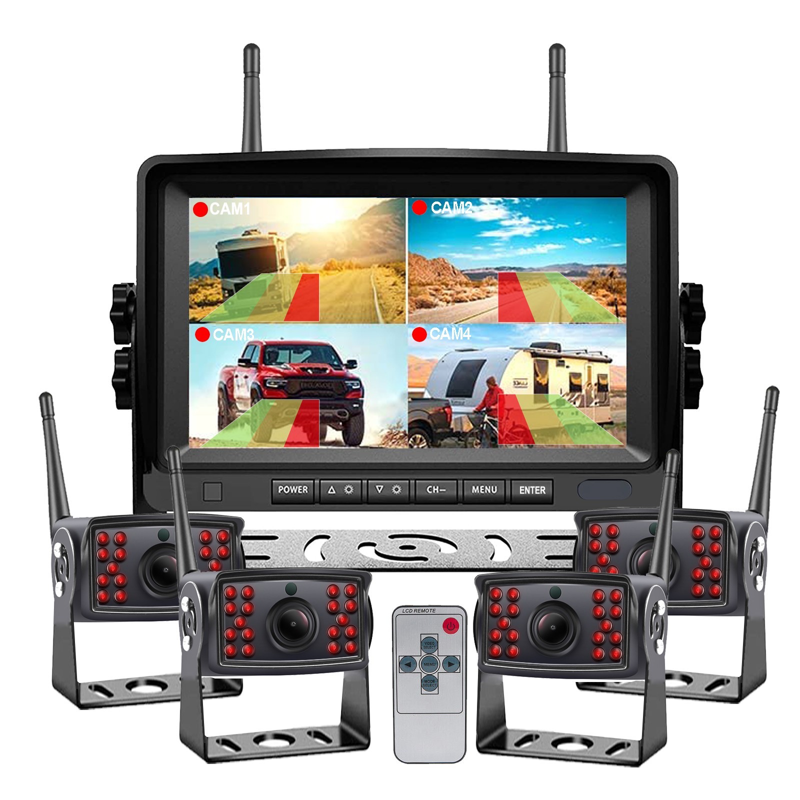 Digital Wireless 7" Quad Monitor DVR 4x BSD Ai Reversing Backup Cameras Caravan