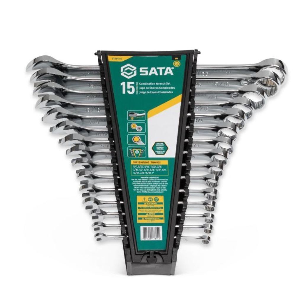 15Pc SAE Combination Wrench Set w/ Rack Nut Bolt Tightening Automotive Hand Tool