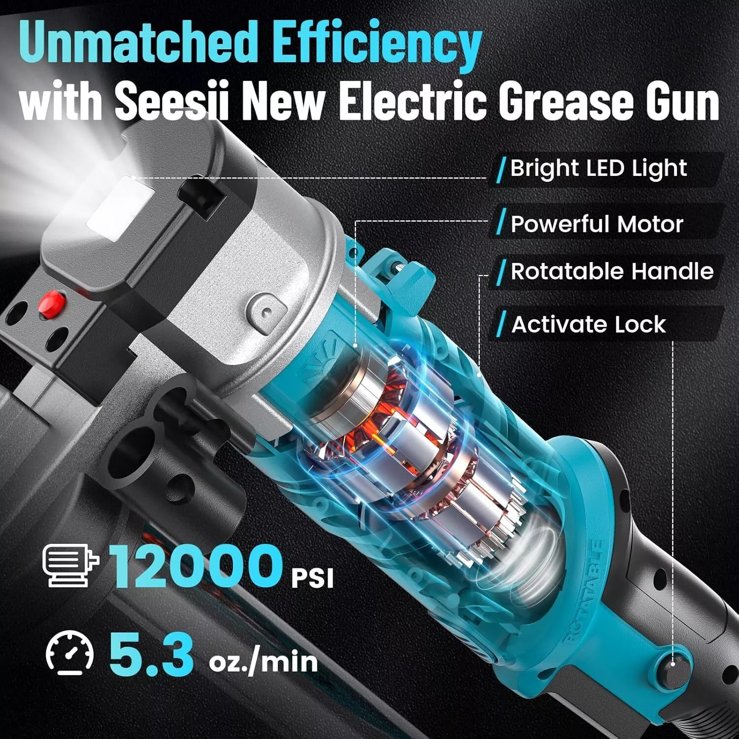 Seesii Electric Grease Gun 12000PSI Battery Power Cordless Grease Gun 2XBattery - Image 5