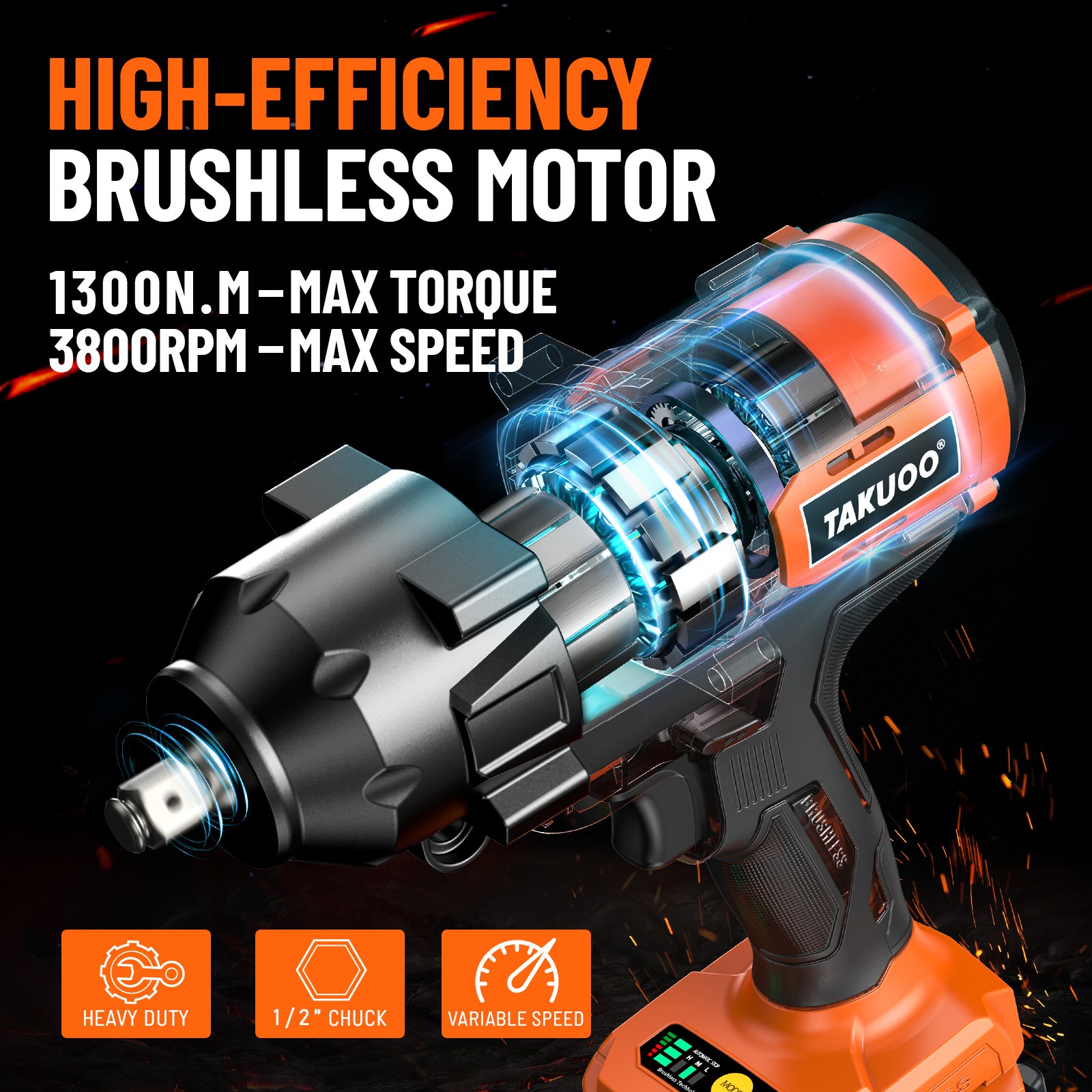 1300Nm Cordless Impact Wrench 960ft-lbs 1/2 Battery Impact Gun 2X 4.0Ah Battery - Image 3