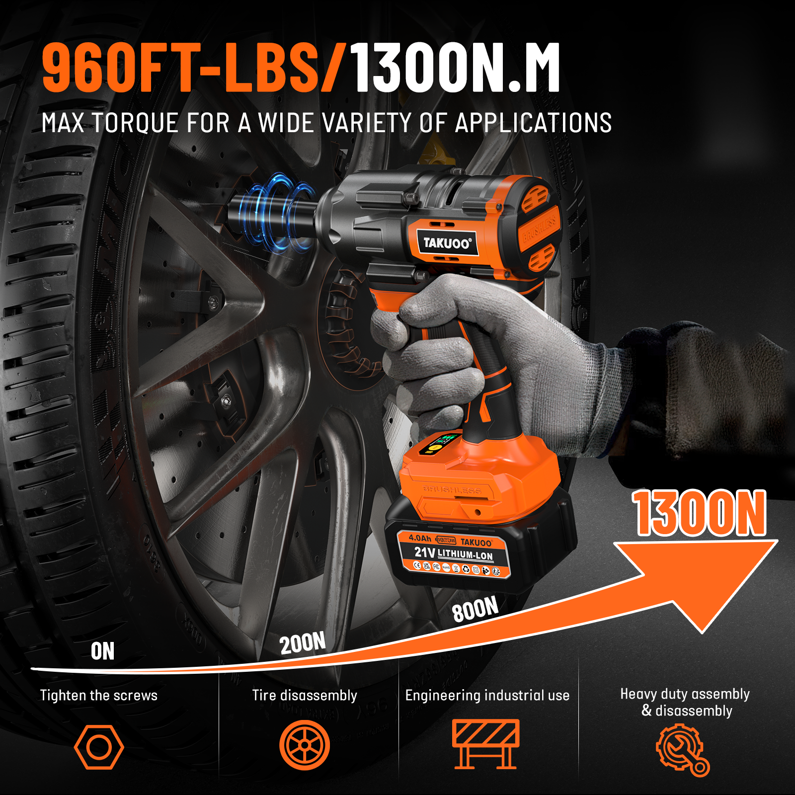1300Nm Cordless Impact Wrench 960ft-lbs 1/2 Battery Impact Gun 2X 4.0Ah Battery - Image 2