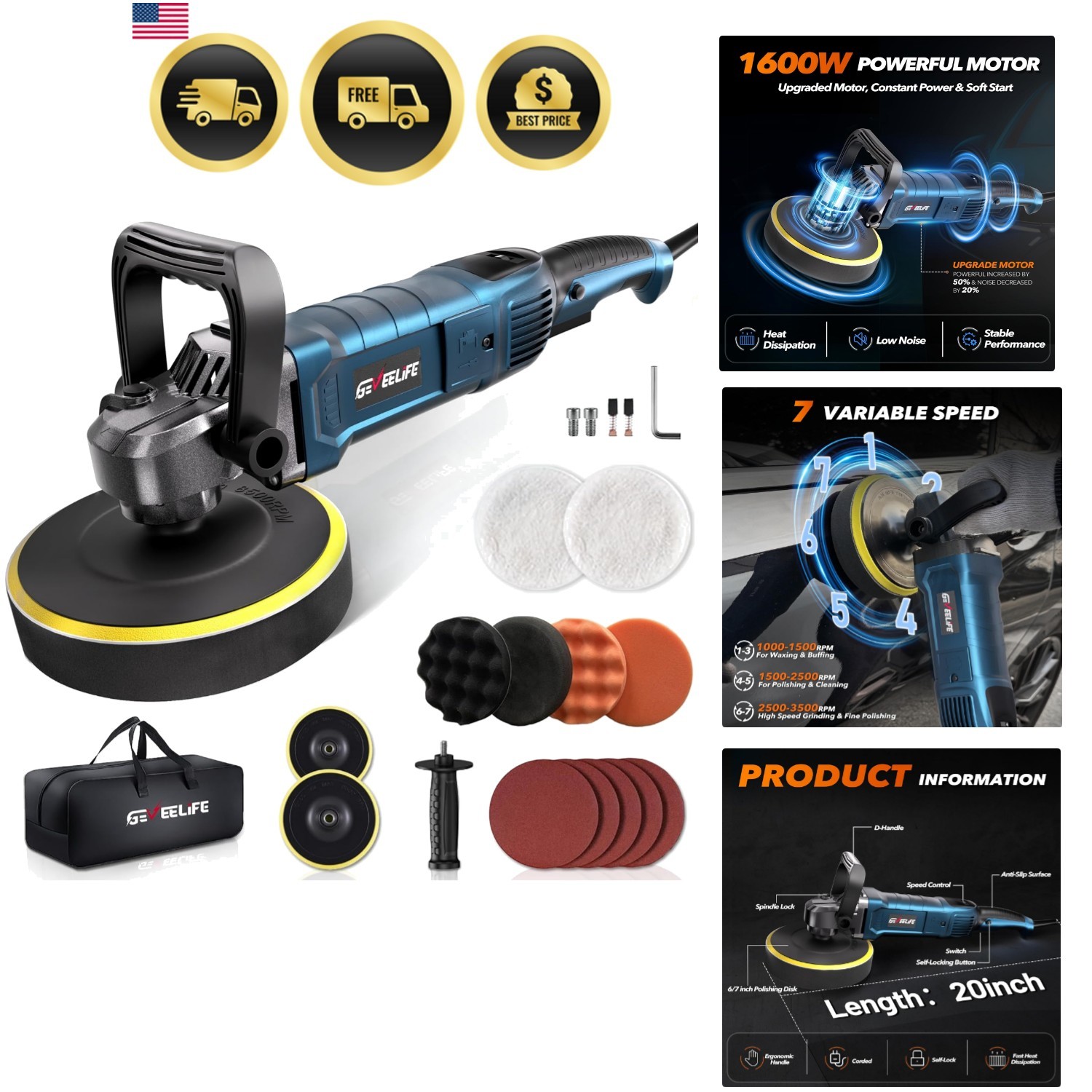 Car Buffer Polisher 1600W Variable Speed Rotary Waxer Polishing Kit