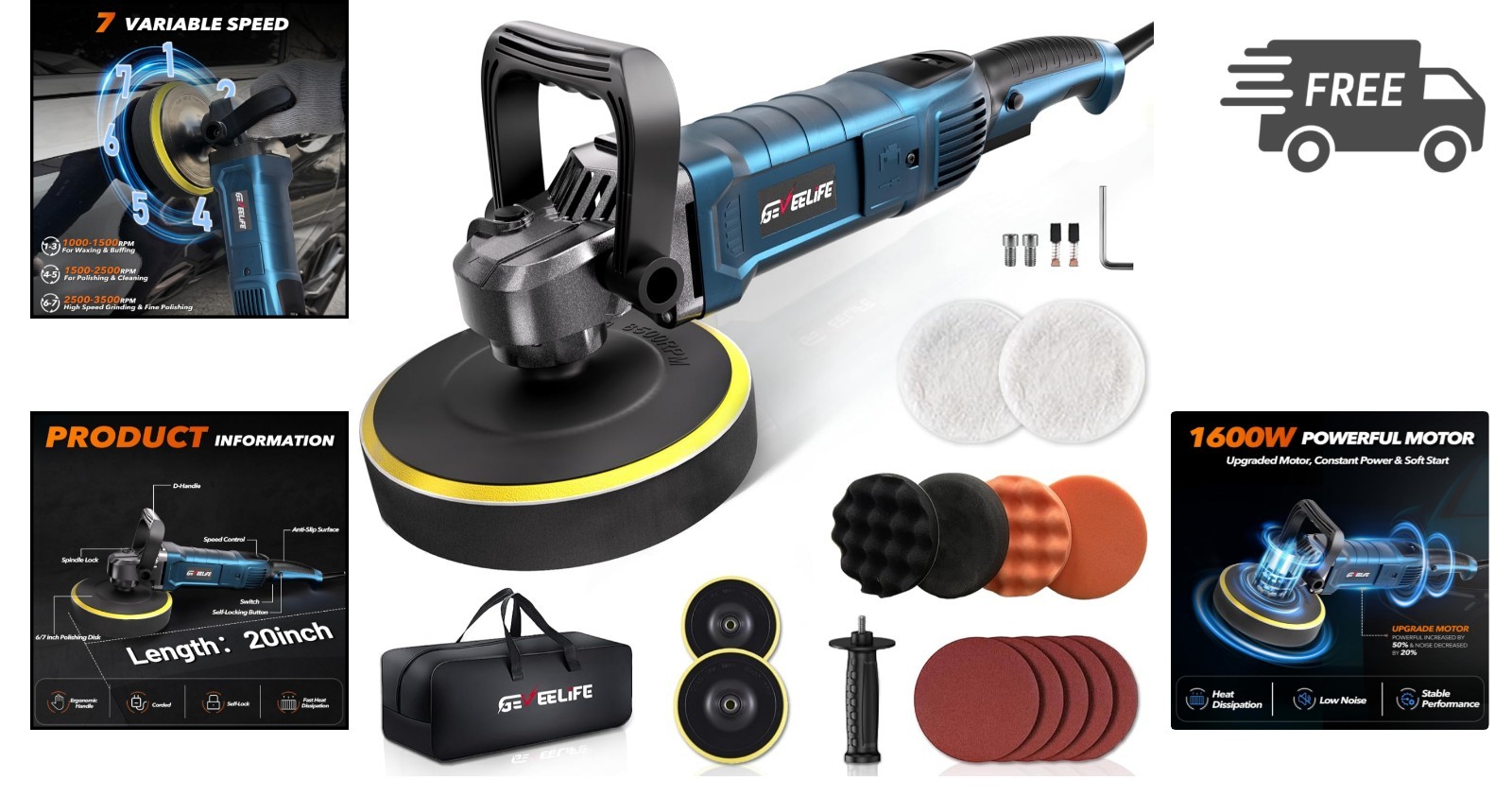 Car Buffer Polisher 1600W Variable Speed Rotary Waxer Polishing Kit - Image 2