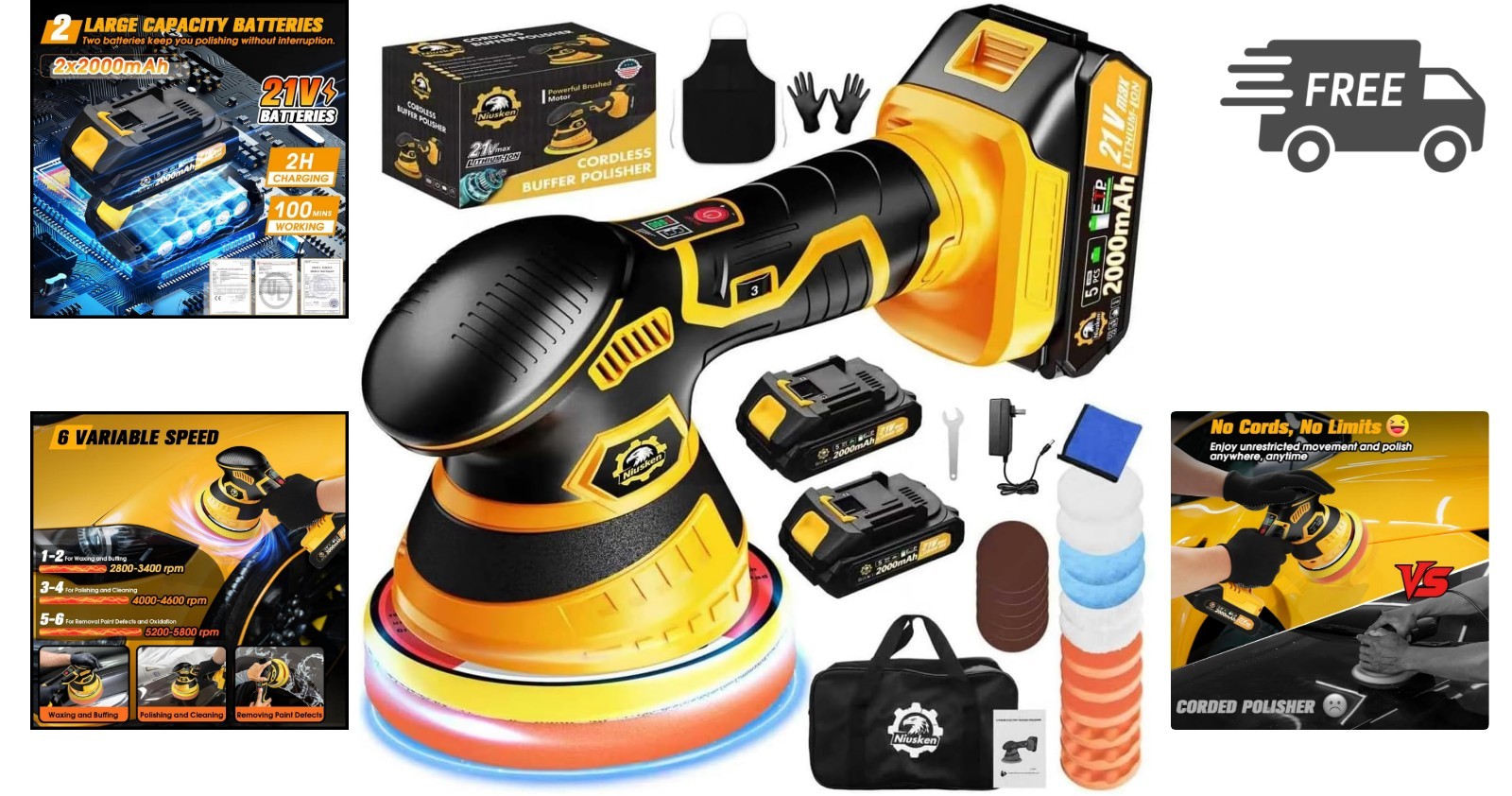 Car Buffer Polisher Kit Cordless 6 Speed Orbital Polisher Wax Scratch Removal - Image 2