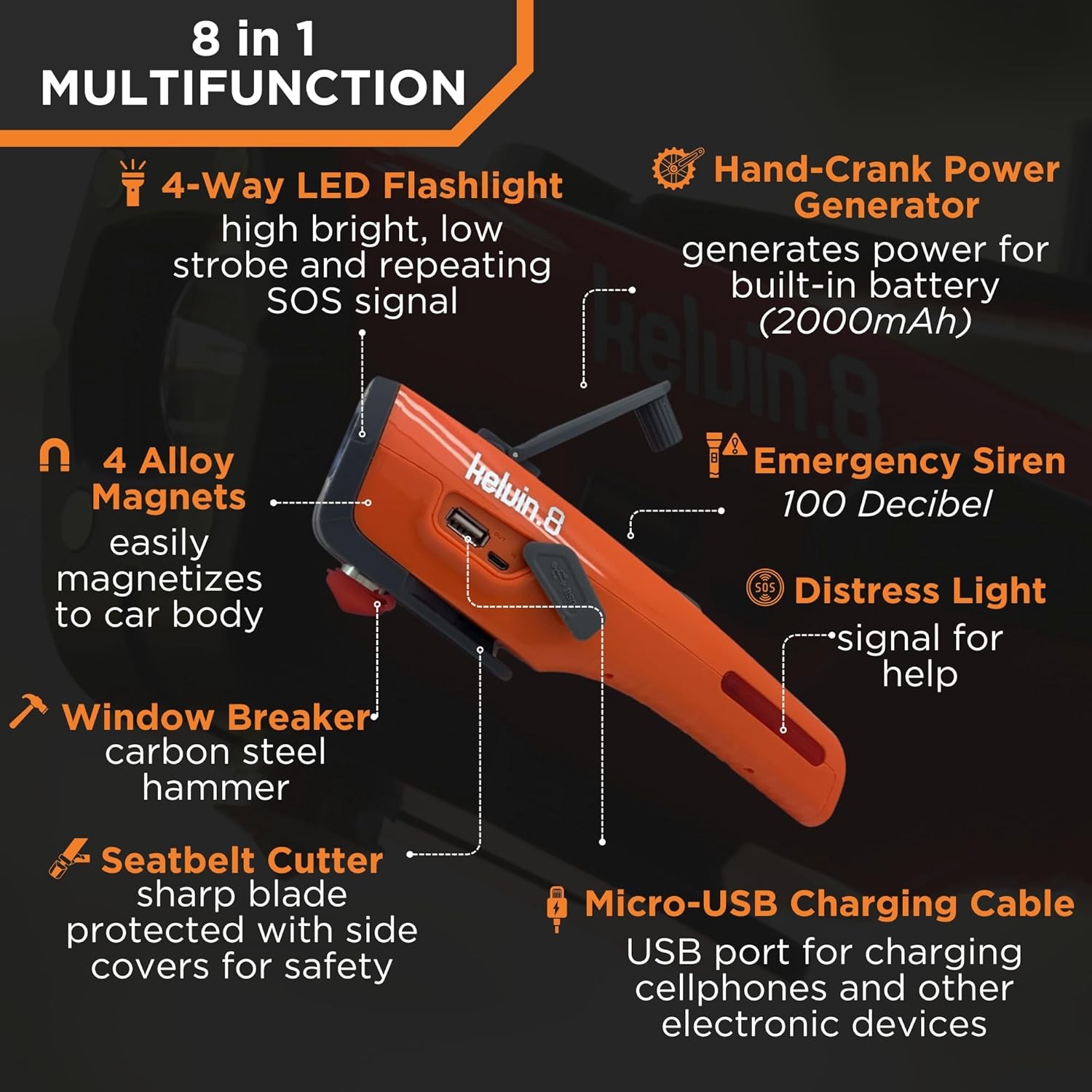 8-in-1 Automotive Emergency Tools Power Generator USB, Seat Belt Cutter, Siren - Image 2