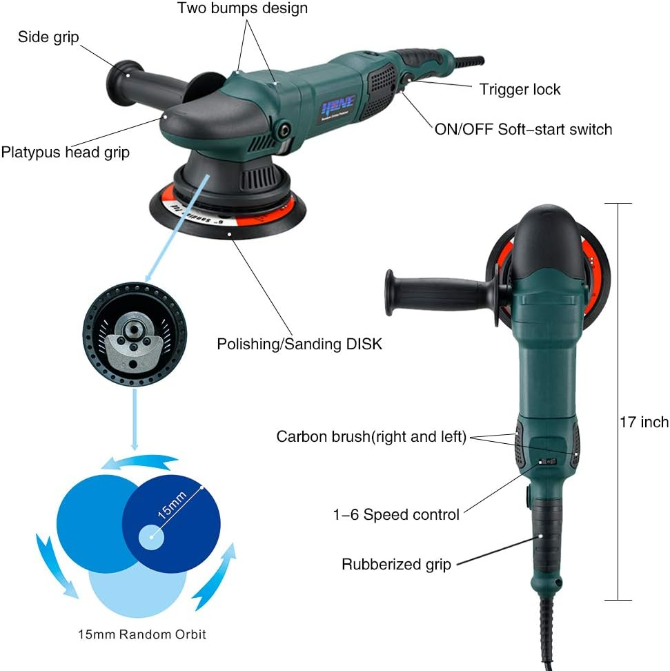 Car Polisher, 15Mm Long-Throw Random Orbital Buffer for Car Detailing, 6"/5"/850 - Image 2