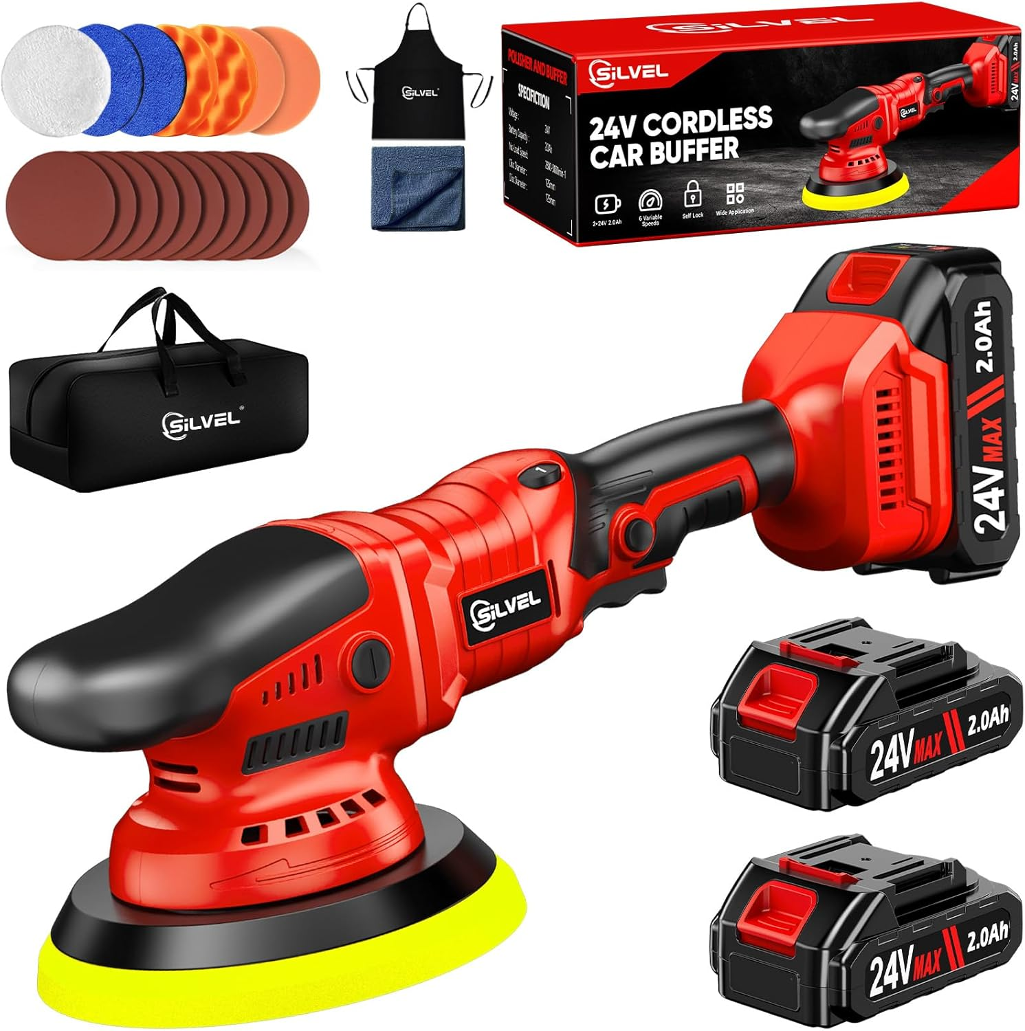 Cordless Car Buffer Polisher, Car Polishing Kit with 24V 2 X 2.0Ah Batteries, 5