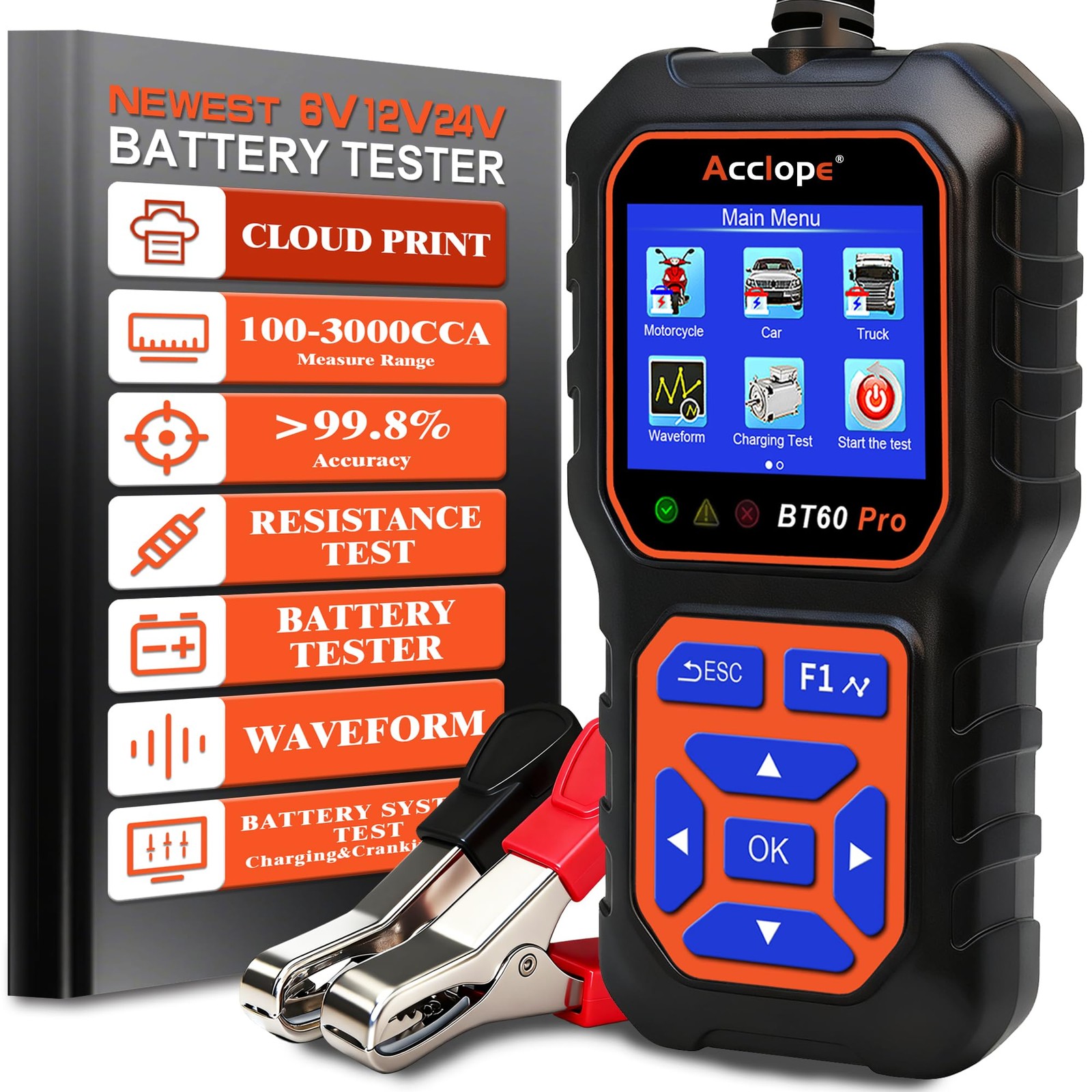BT60 Pro Car Battery Tester with Cloud Printing 100-3000 CCA 6V 12V 24V AGM L...