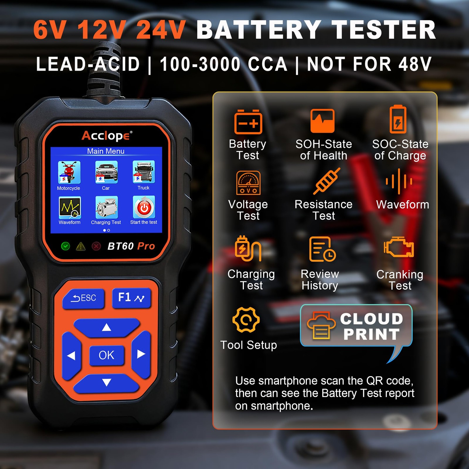 BT60 Pro Car Battery Tester with Cloud Printing 100-3000 CCA 6V 12V 24V AGM L... - Image 2