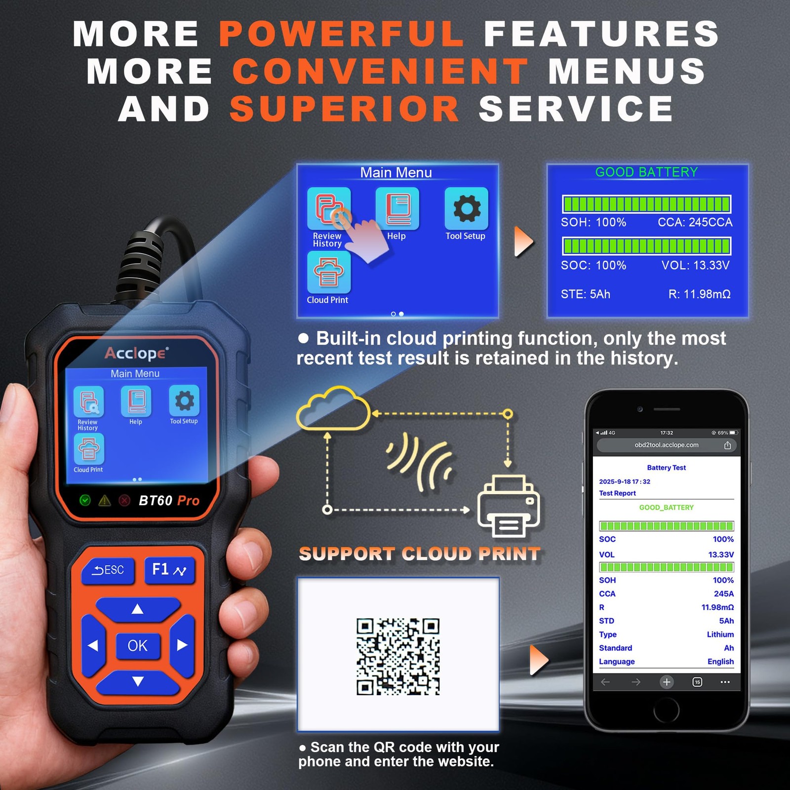 BT60 Pro Car Battery Tester with Cloud Printing 100-3000 CCA 6V 12V 24V AGM L... - Image 5