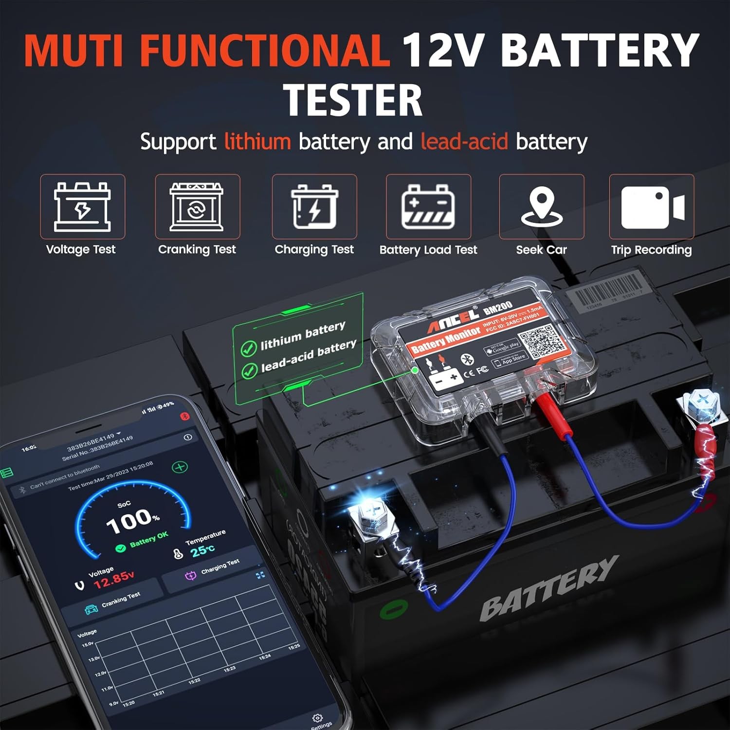 ANCEL BM200-US Car Battery Tester 12V Automotive Monitor Orange - Image 3