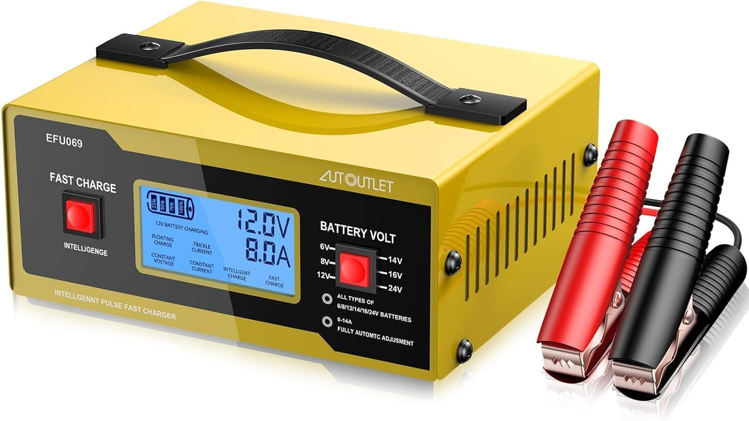 AUTOUTLET Upgraded 6/8/12/14/16/24V Battery Charger Automotive Smart Yellow