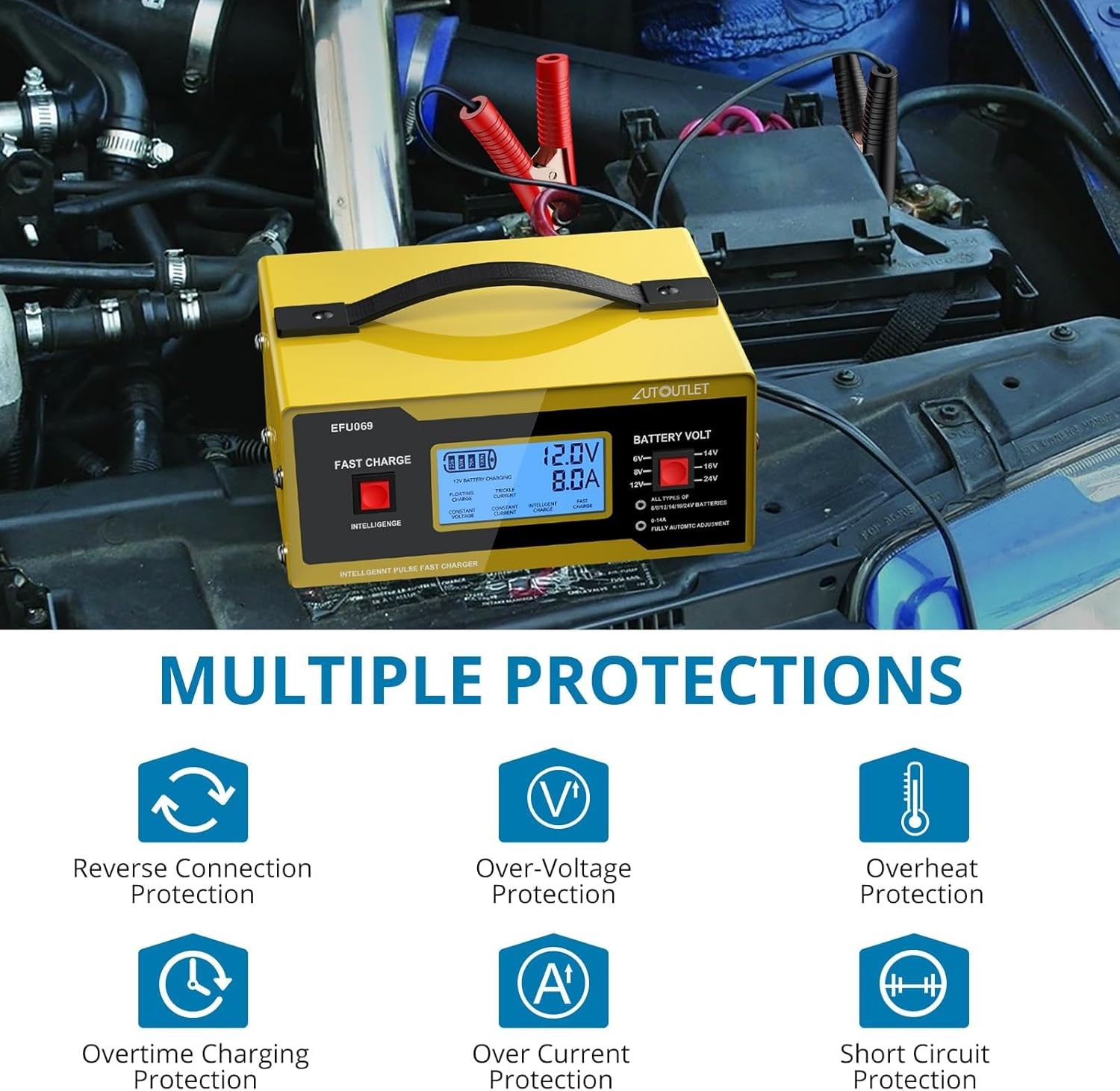 AUTOUTLET Upgraded 6/8/12/14/16/24V Battery Charger Automotive Smart Yellow - Image 2