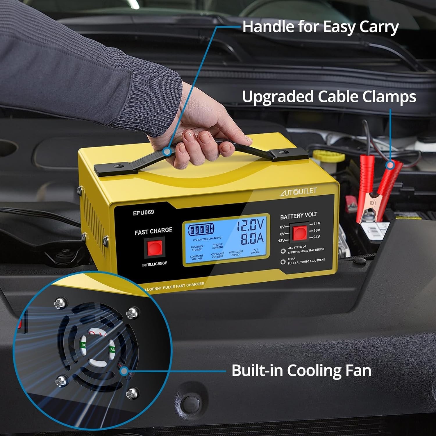 AUTOUTLET Upgraded 6/8/12/14/16/24V Battery Charger Automotive Smart Yellow - Image 3