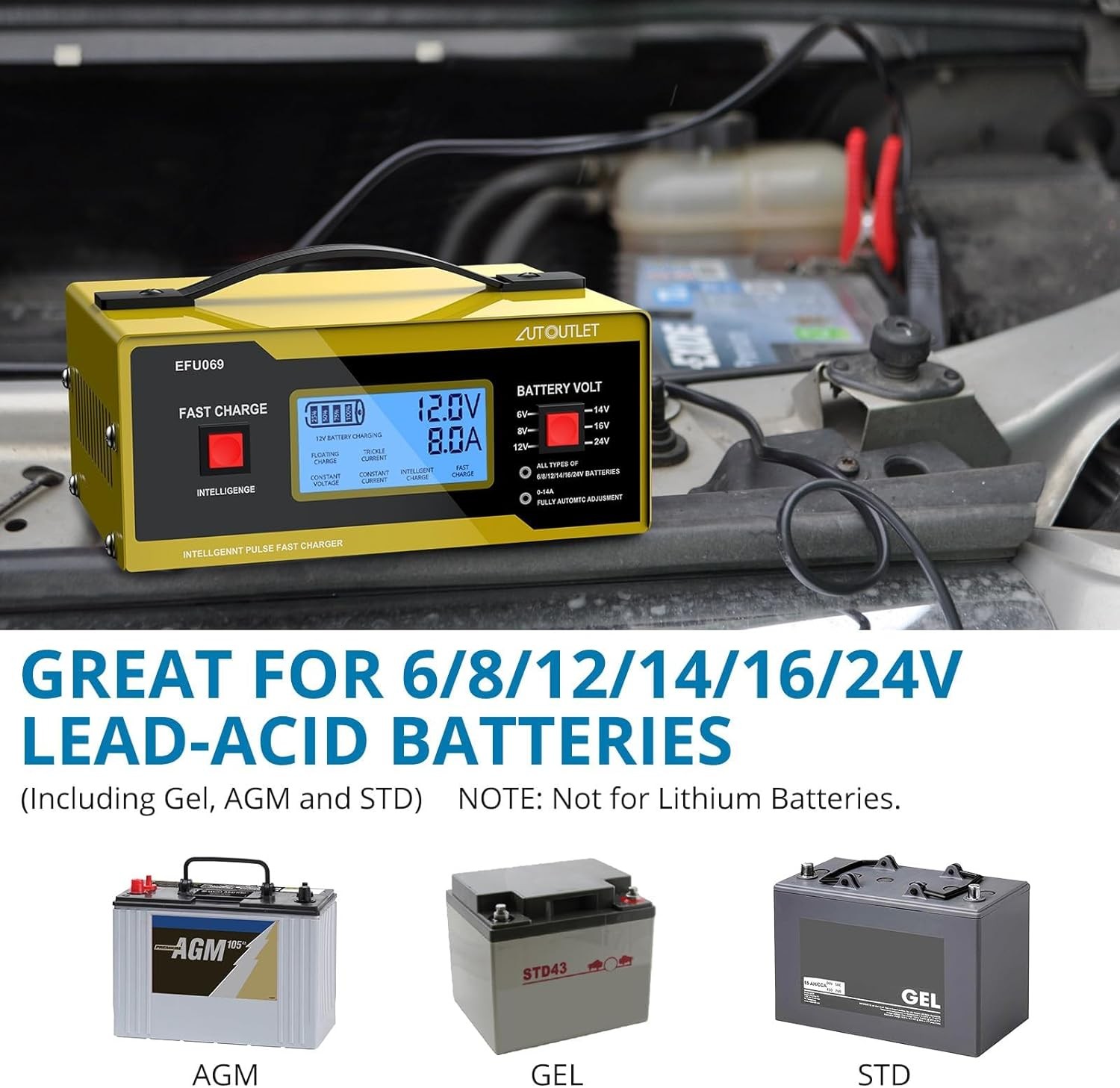 AUTOUTLET Upgraded 6/8/12/14/16/24V Battery Charger Automotive Smart Yellow - Image 4