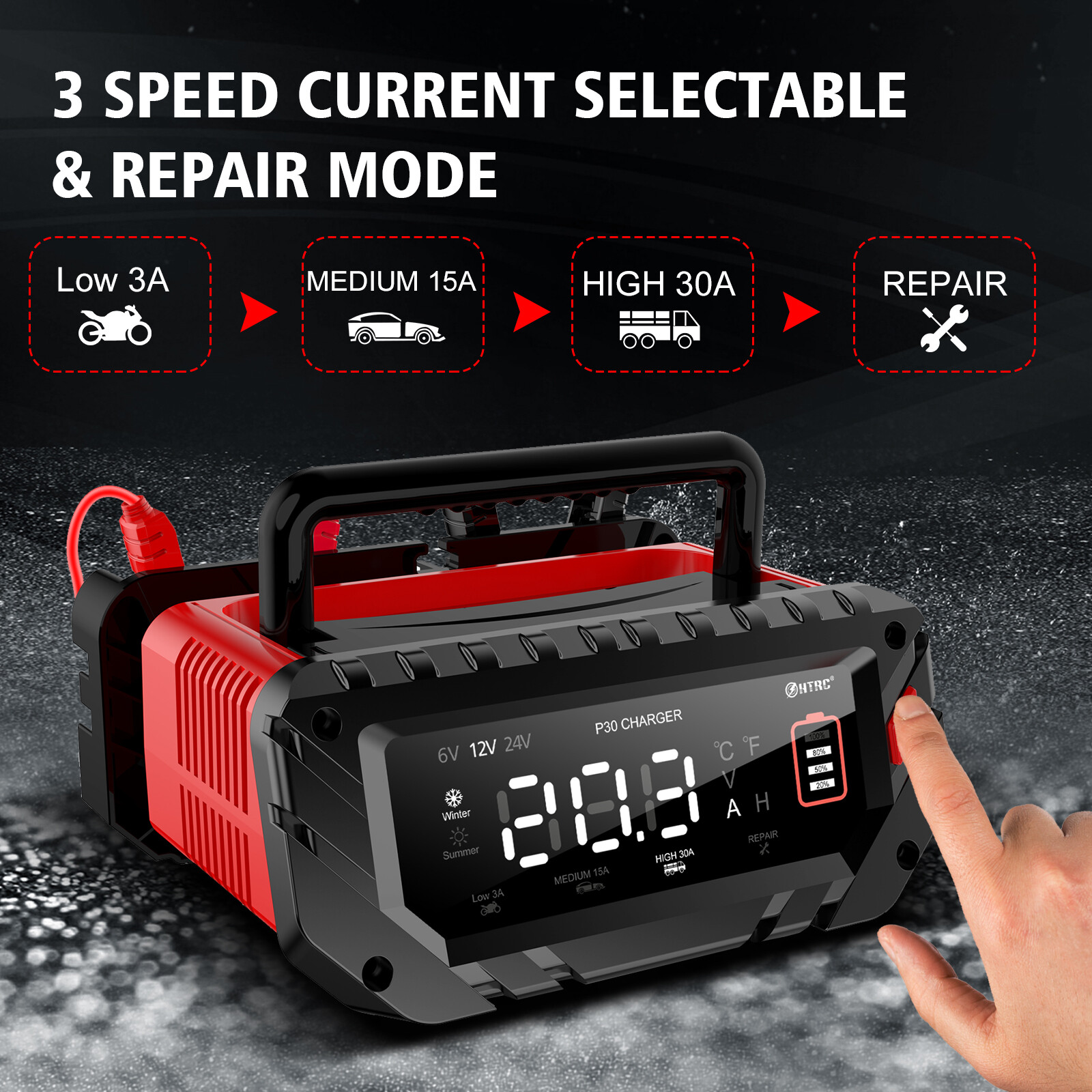 30Amp Smart Car Battery Charger, 12V/24V Automotive Charger, Battery Maintainer - Image 3