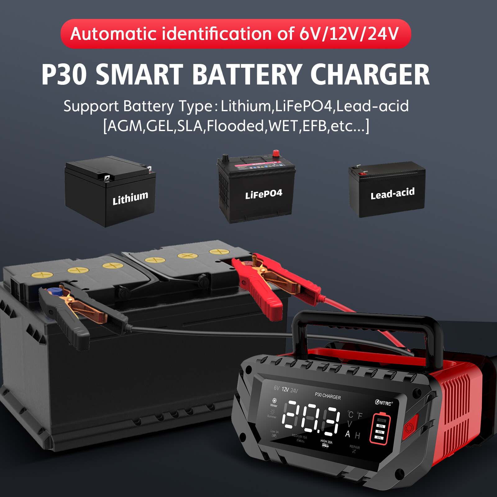 30Amp Smart Car Battery Charger, 12V/24V Automotive Charger, Battery Maintainer - Image 5