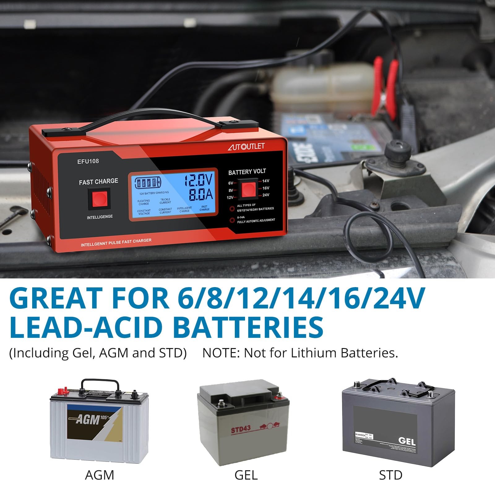 8V Battery Charger for Golf Cart & Automotive - 0-10A Lead-Acid Maintainer - Image 4