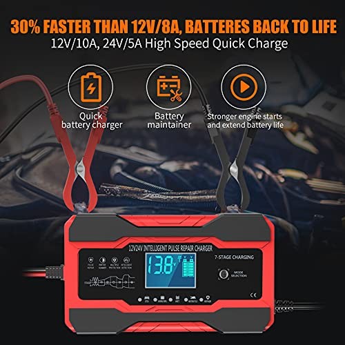 Battery Charger 10-Amp 12V and 24V Fully-Automatic Smart Car Battery Charger, - Image 3