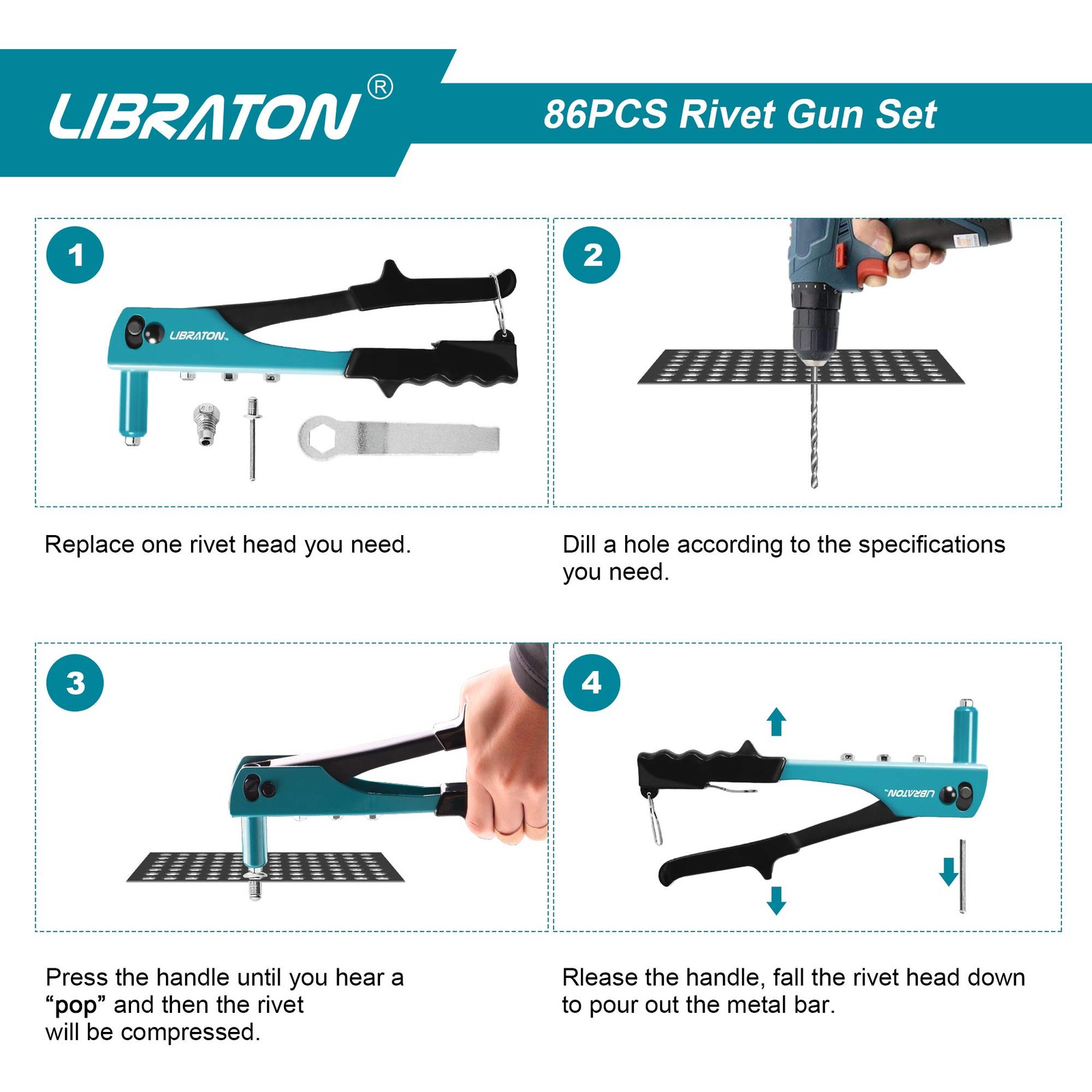 Rivet Gun Kit with 80 Metal Rivets & 4 Drill Bits for Automotive Use - Image 2