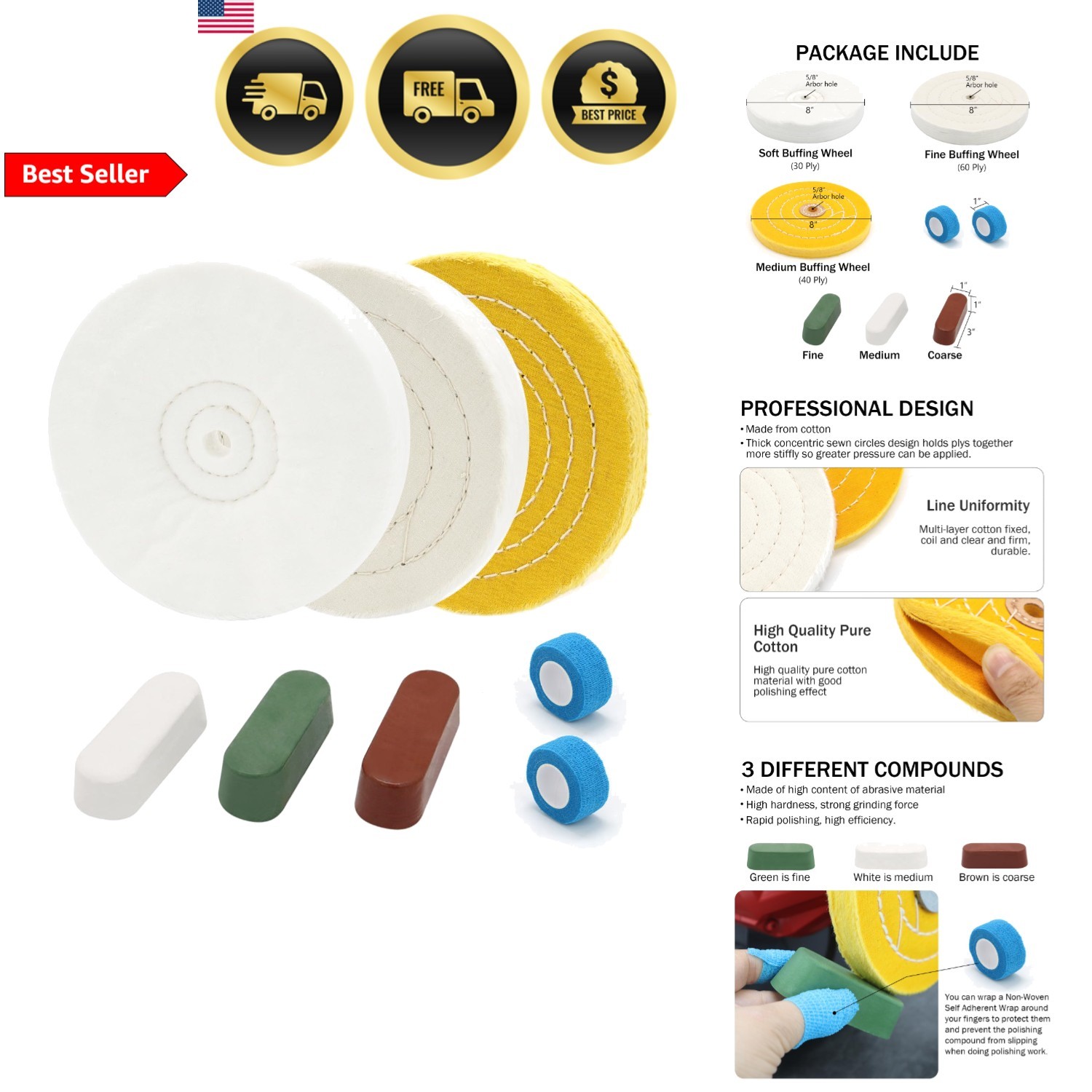 Buffing Polishing Wheel Kit 8 Inch 5/8 Inch Arbor Buffing Compounds Multi-Pur...