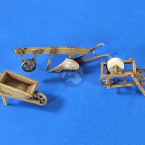 Verlinden 1/35 "The Farmyard" Wooden Plow, Wheelbarrow and Portable Grinder 2660
