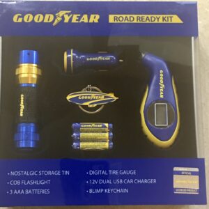 Goodyear Road Ready Automotive Accessories Kit Tire Gauge Multi Tool Storage Tin