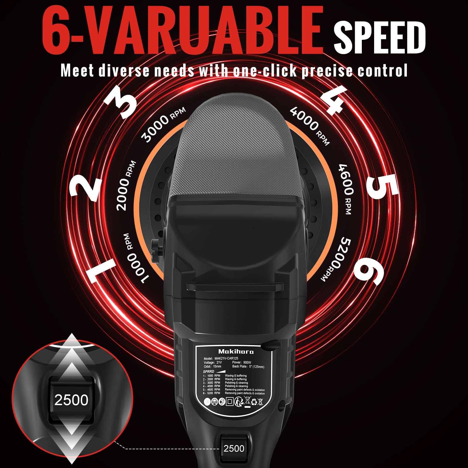 Cordless Buffer Polisher, 5 Inch Random Orbital Car Polisher Waxer, 6 Variabl... - Image 2