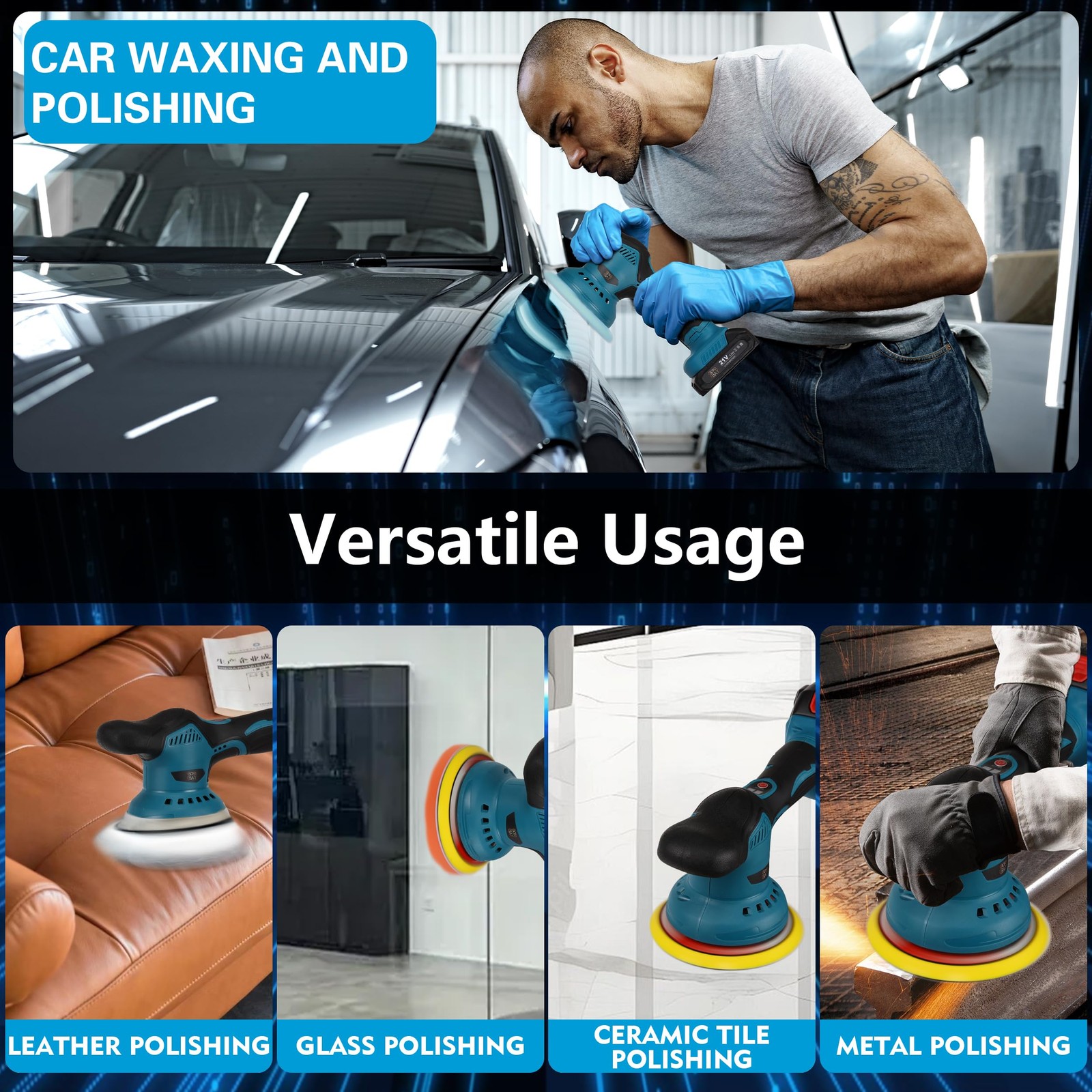 Cordless Car Buffer Polisher Kit 6 Inch with 21V 2x2000mAh 9 Pcs Attachments... - Image 4