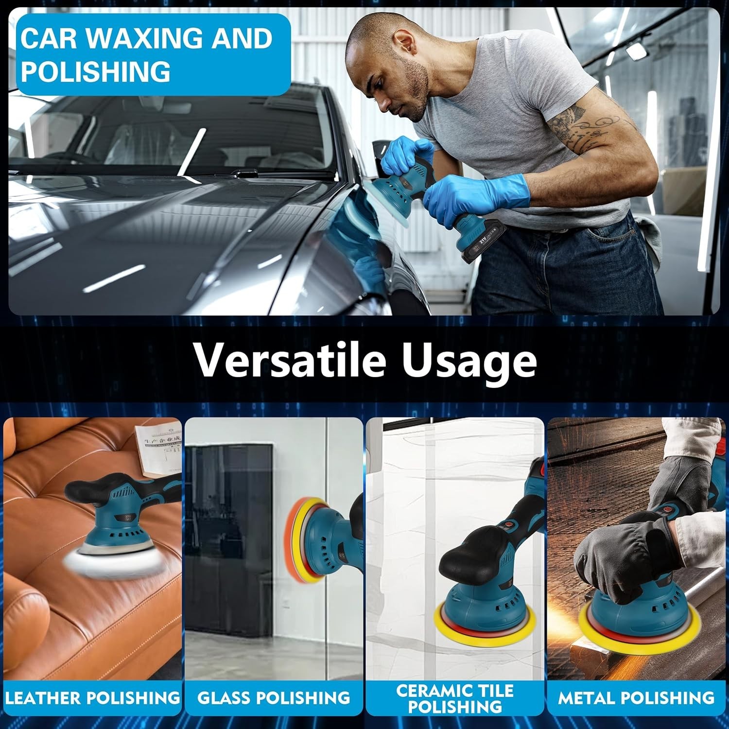 Cordless Car Buffer Polisher Kit 6 Inch with 21V 2X2000Mah & 9 Pcs Attachments, - Image 3