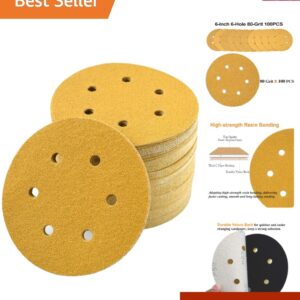 Sanding Discs 6 Inch 80 Grit Hook and Loop 100 Pack for Automotive Woodworking