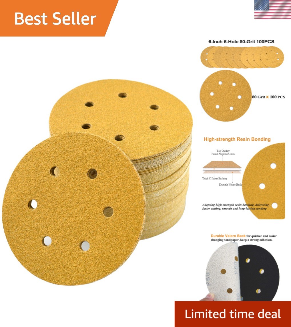 Sanding Discs 6 Inch 80 Grit Hook and Loop 100 Pack for Automotive Woodworking