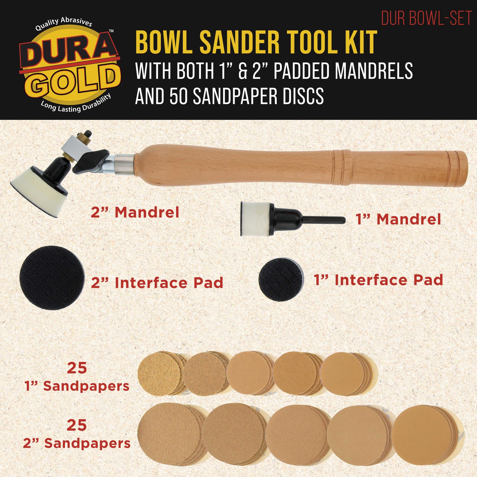 1" & 2" Bowl Sander Set with Hook & Loop Sanding Discs - Woodworking Supply - Image 2